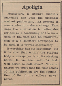 Article introducing the new Mars Hill College newspaper from September 25, 1926 issue.