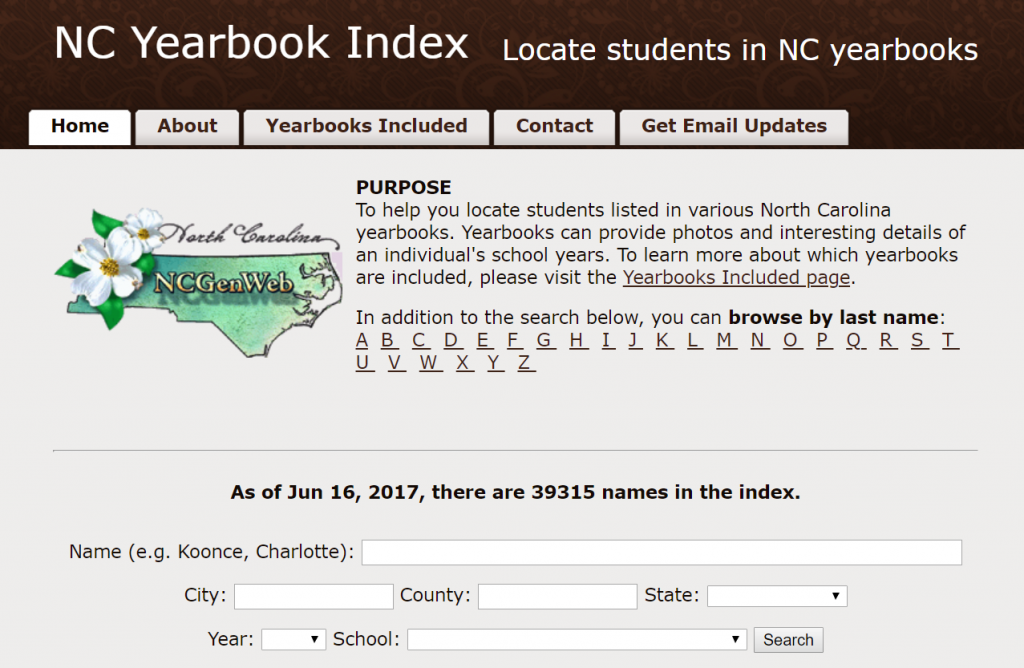 Screenshot of the home page for the yearbook index, including a description of the site and search boxes.