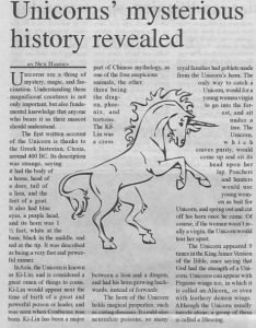 Article clipping on the mysteries of unicorns revealed.