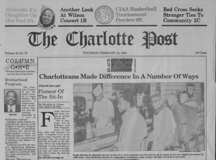 front page of the February 18, 1993 Charlotte Post