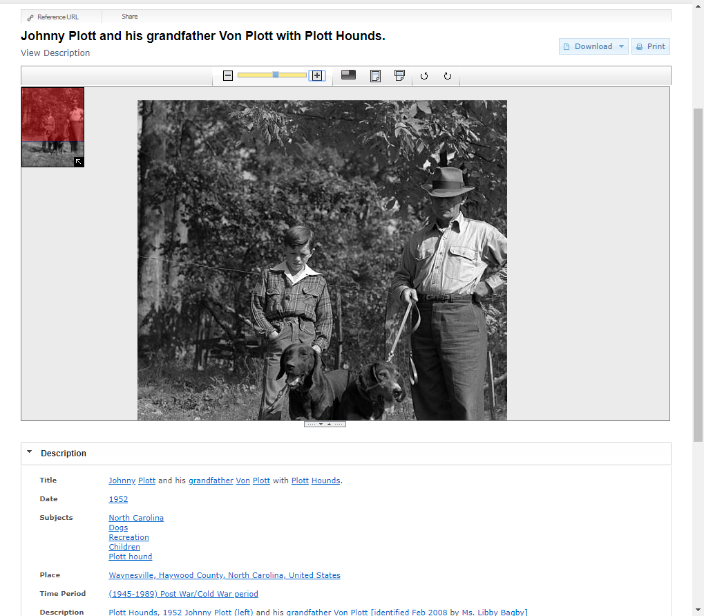 Photograph of a man and boy with two dogs, along with metadata below it.