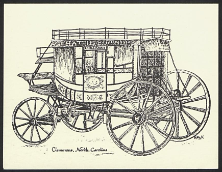 Black and white drawing of a Hattie Butner Stagecoach, with "clemmons, North Carolina" beneath