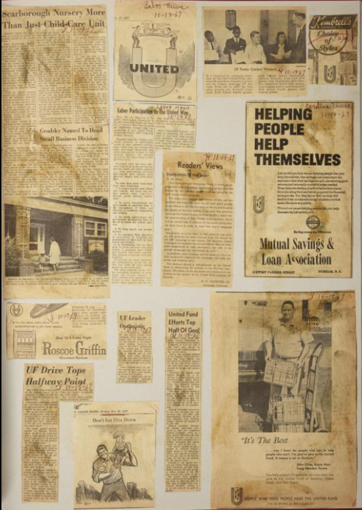 A page with newspaper clippings the United Fund scrapbook, 1966-1967