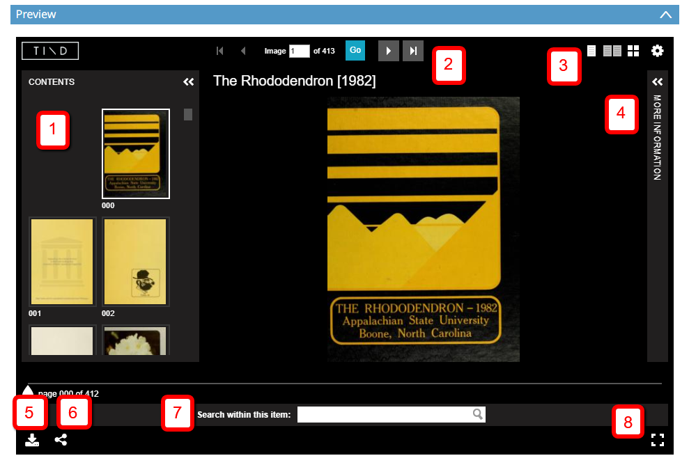 Screenshot of the Rhododendron 1982 yearbook in the TIND viewer with different numbered features