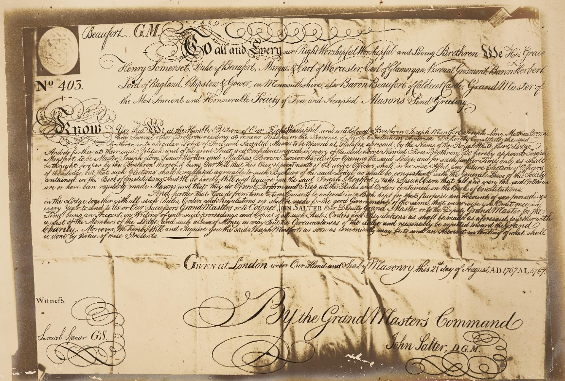 Charter of Royal White Hart Lodge No. 403, August 21, 1767
