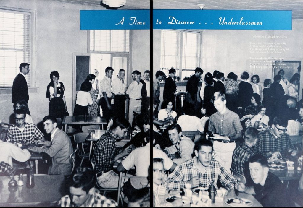 Black and white photograph of the lunch room at Pittsboro High School in 1965