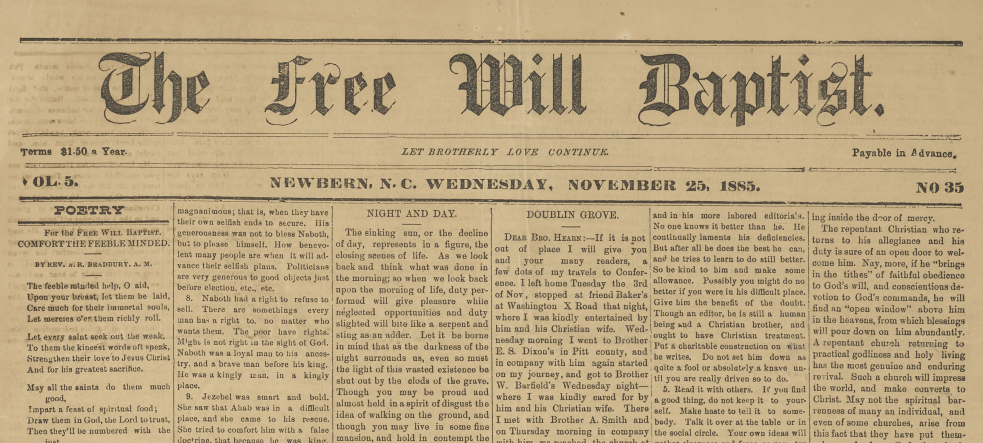 Front page of The Free Will Baptist Newspaper; Vol 5, Issue 35