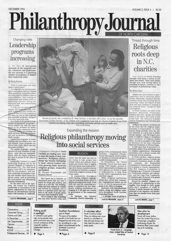 front page of the Philanthropy Journal, includes a photograph of a woman being treated by a doctor