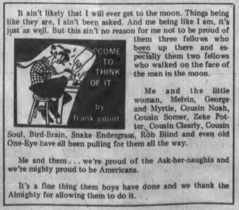 cartoon of a man sitting at a desk and a short column about pride in the moon landing
