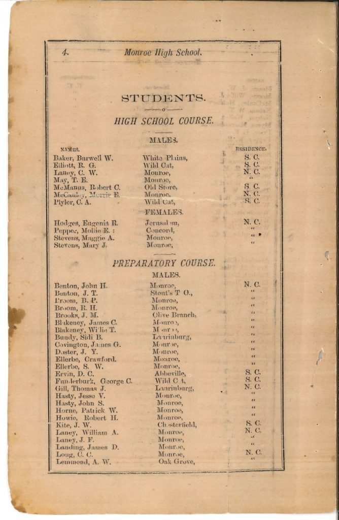 page listing the students enrolled at Monroe High School