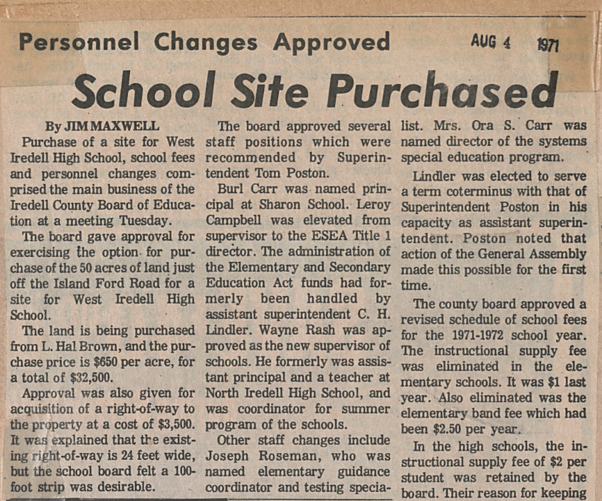 "School Site Purchased," August 1971