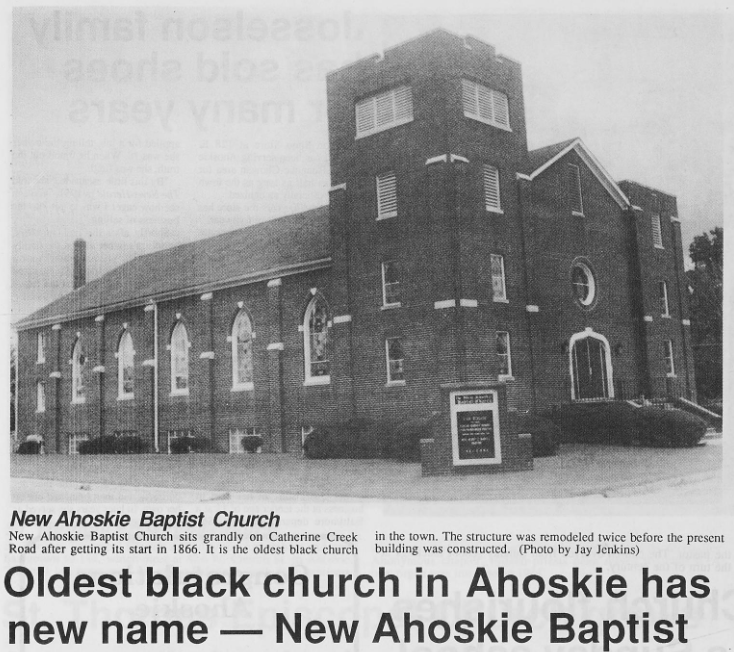 Newspaper clipping of a photo of the oldest Black church in Ahoskie, New Ahoskie Baptist.