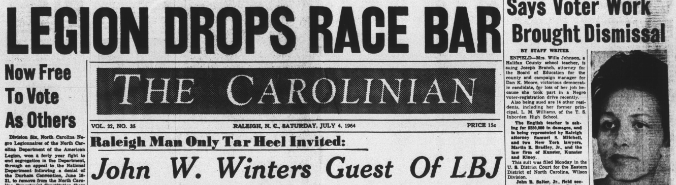 Masthead for The Carolinian with headlining articles for July 4th, 1964.
