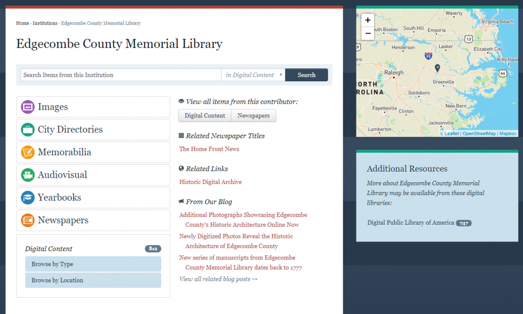 Screenshot of Edgecombe County Memorial Library's landing page, with links to parts of their collection and a map showing their location