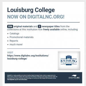 Screenshot of a handout announcing 206 materials and 2 newspaper titles on DigitalNC from Louisburg College