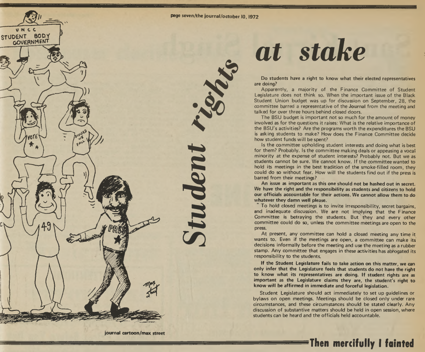 Article titled "Student Rights at Stake" with a cartoon drawing accompaniment. 