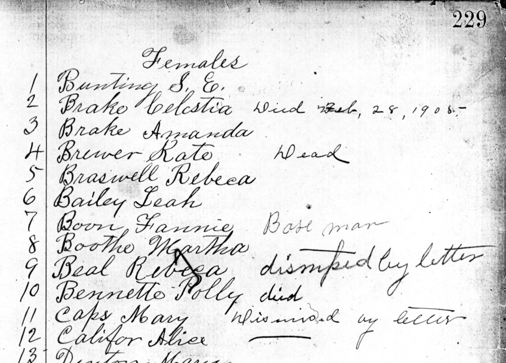 Handwritten list of names under the heading "females"