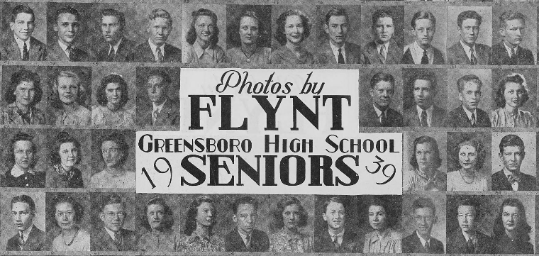 Select senior photos of the graduating class of 1939 from Greensboro High School. The photographers name is also noted as "Photos by Flynt".
