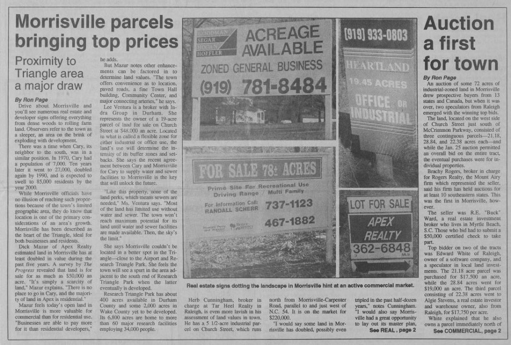 Newspaper clipping "Morrisville parcels bring top prices"