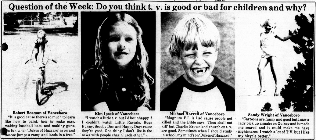 Article from the West Craven Highlights asking four children if they think T.V. is good or bad for kids.
