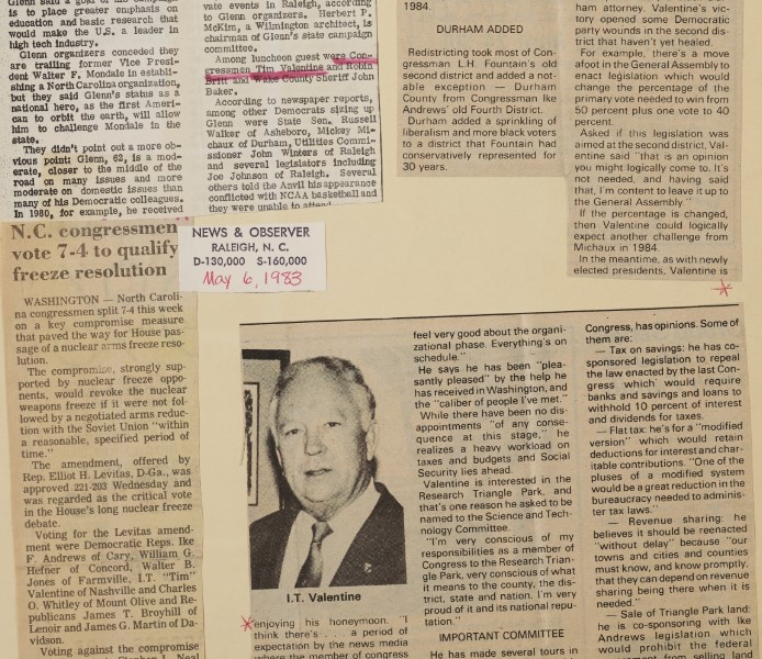 Image of an arrangement of various clippings describing Valentine's time as congressman.