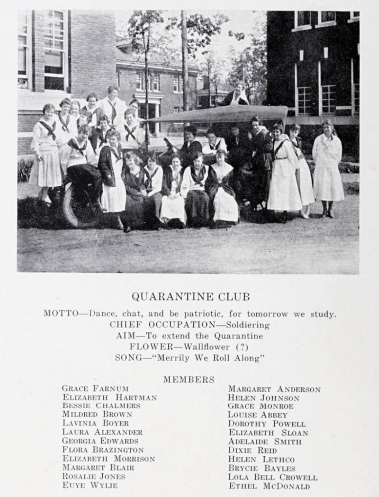 A page from the 1918 Queens College yearbook showcasing a photo and member list of the "Quarantine Club"