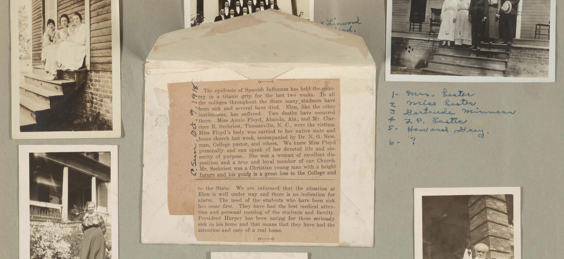 A section of Annie Gordon Floyd's scrapbook. She was a student at Elon College during the 1918 Influenza Pandemic and created a page in her scrapbook using a clipping from a newspaper describing influenza related deaths of classmates.