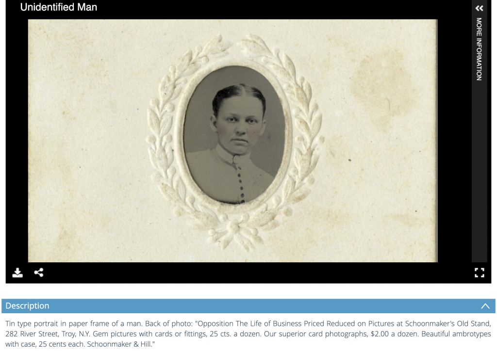 Image of a screenshot of a tin type photo in paper a paper frame of an unidentified adult. The description included partially reads "Tin type portrait in paper frame of a man." 