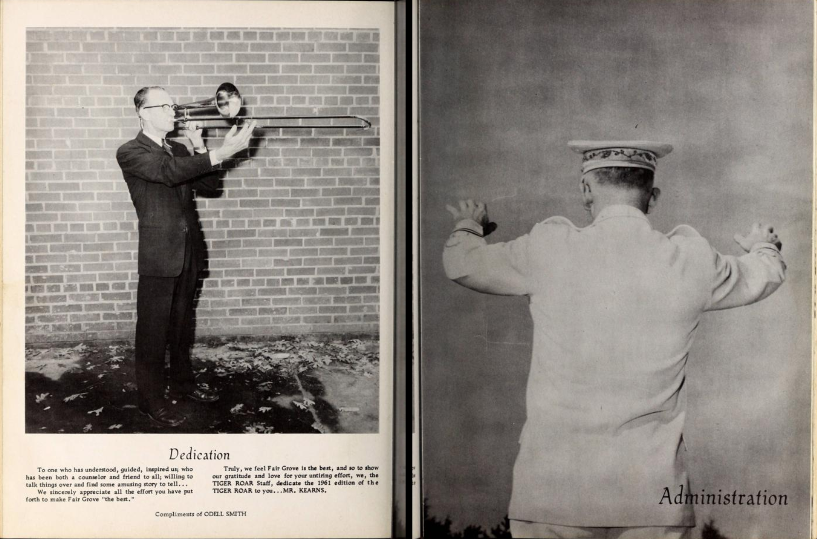 Two-page layout from the 1961 Fair Grove High School yearbook, Tiger Roar. The left page is a dedication to Mr. Kearns, who is photographed playing a brass instrument. The right page is a photo of the back of a conductor with the text "administration".