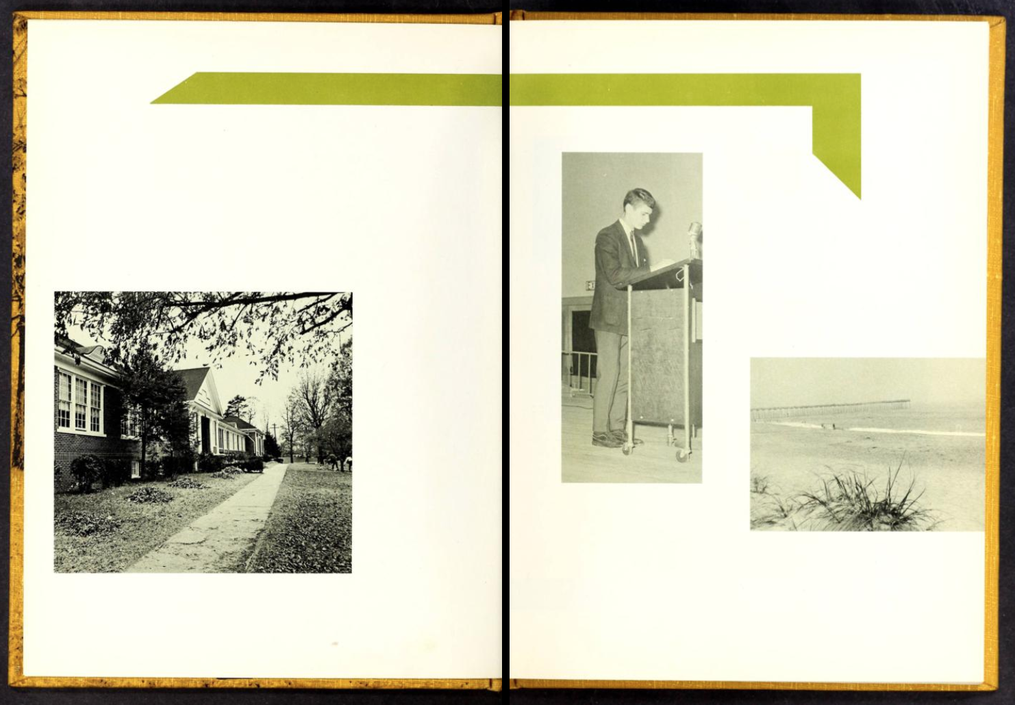 Two-page spread in the 1968 Granite Falls High School yearbook, The Granite Boulder. These pages show three photos artfully arranged around the two pages of life in Granite Falls.