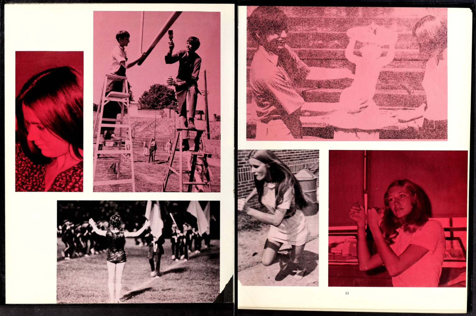 Two-page spread from the 1972 Granite Falls High School yearbook, The Granite Boulder. These two pages show candid photos taken during various events. All photos are in tones of pink.