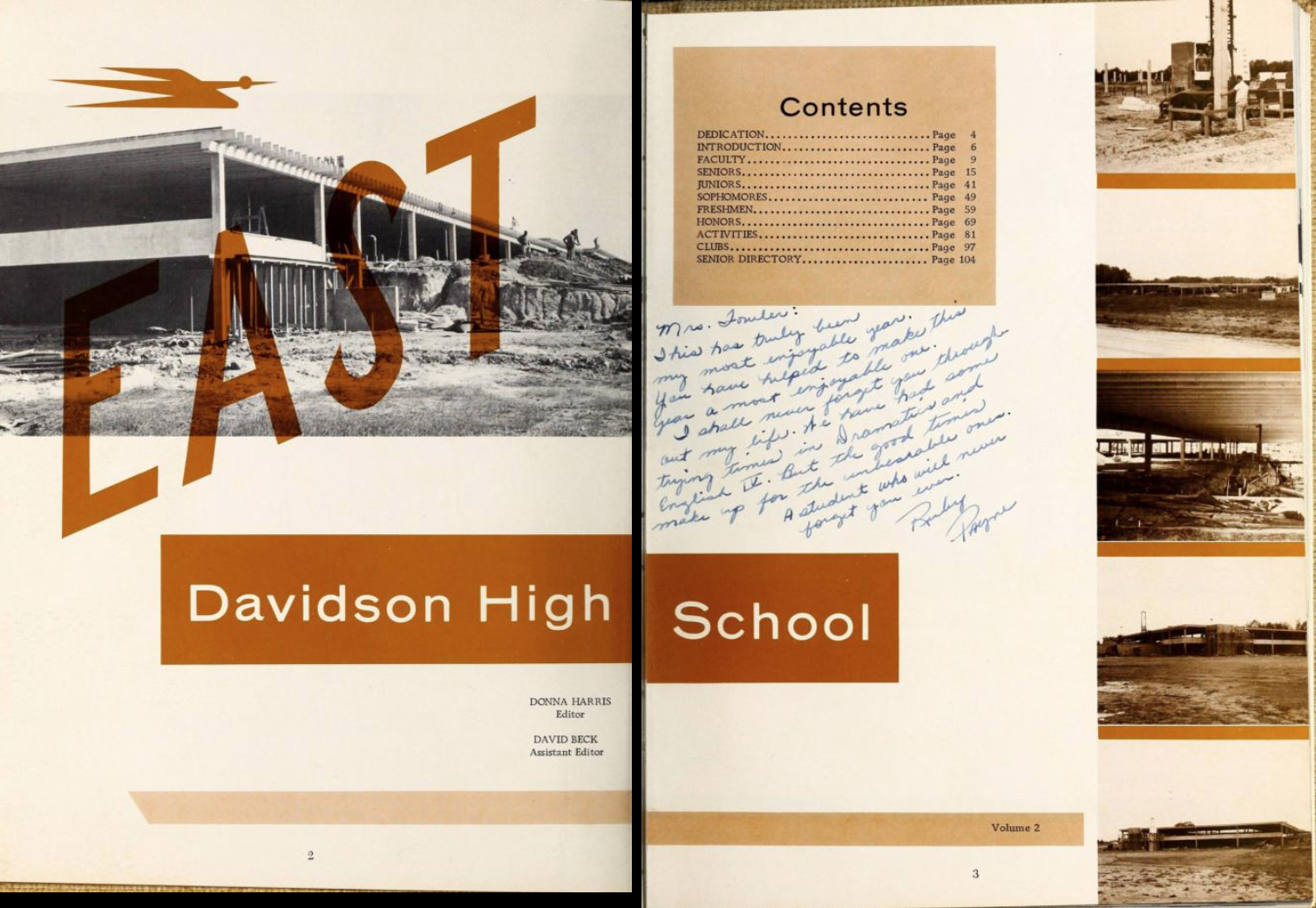 Two-page spread from the 1963 East Davidson High School yearbook The Claw. These pages show the contents of the yearbook as well as artfully arranged photos of the construction of the new section of school. The page is colored in monochrome orange.