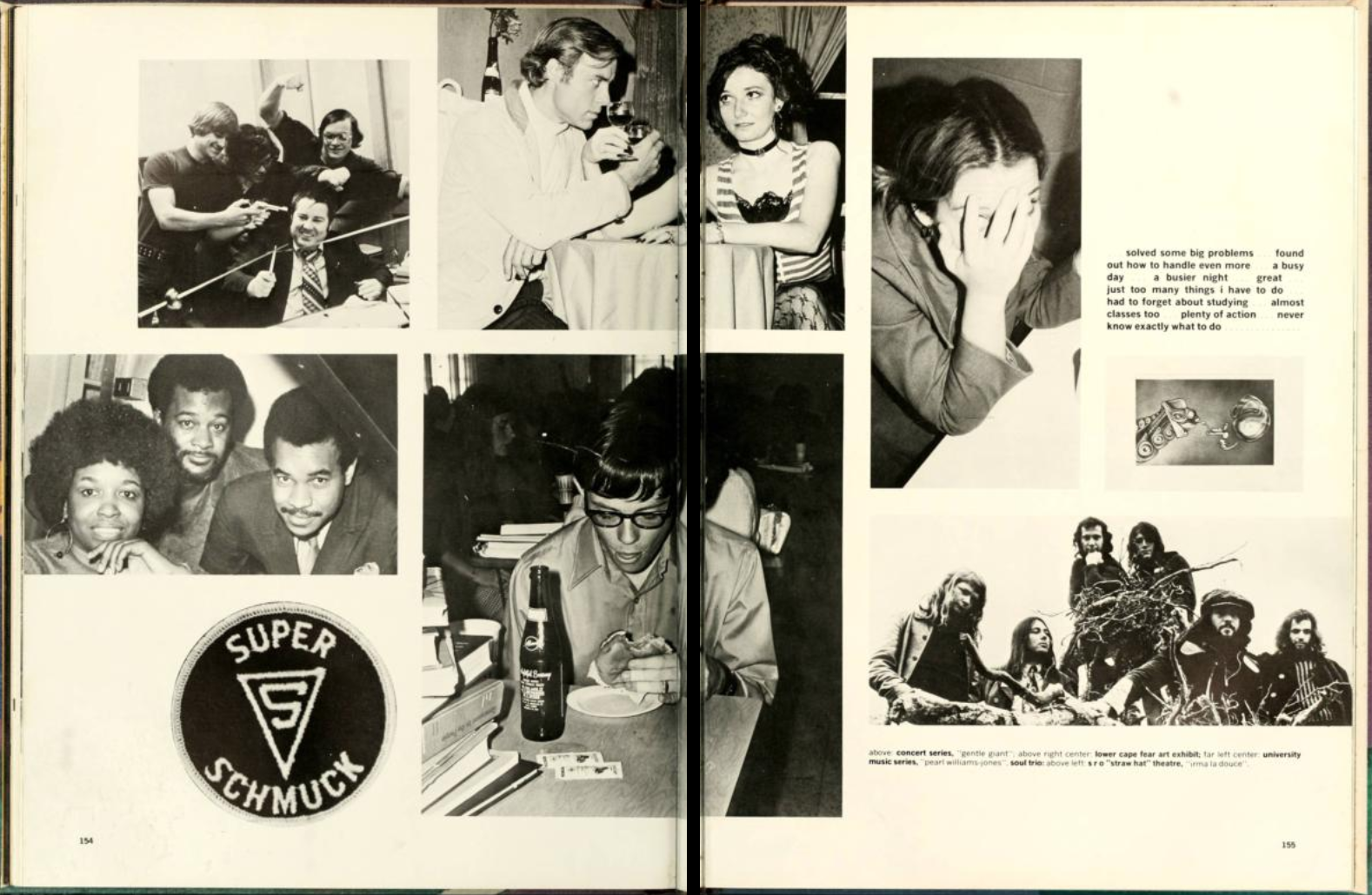 Two-page spread of the 1973 University of North Carolina at Wilmington yearbook, Fledgling. These two pages show candid photos from various events around the university as well as a patch that reads "super schmuck".