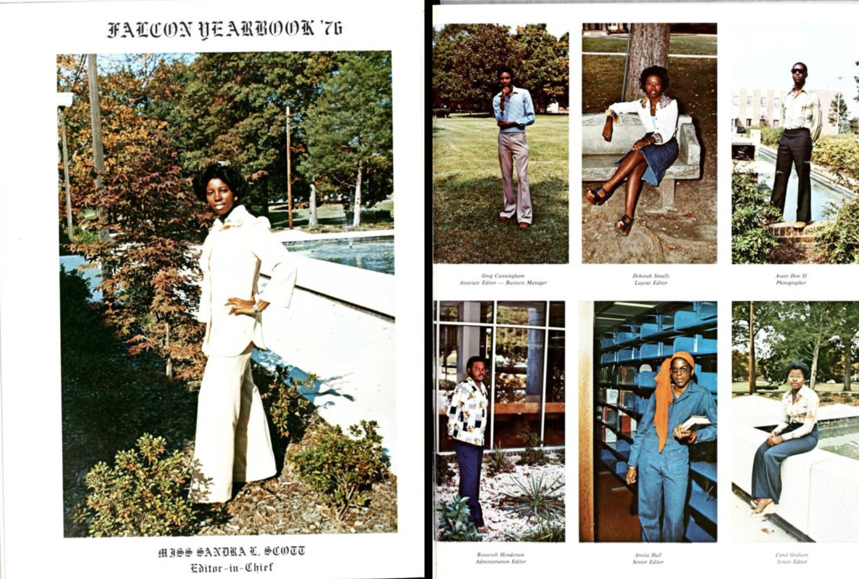 Two-page spread from the 1976 Saint Augustine's University yearbook, The Falcon. The left page features a color photo of the yearbook editor-in-chief Sandra C. Scott. The right page has colored photos of the rest of the yearbook staff; all are posed in various styles and locations.