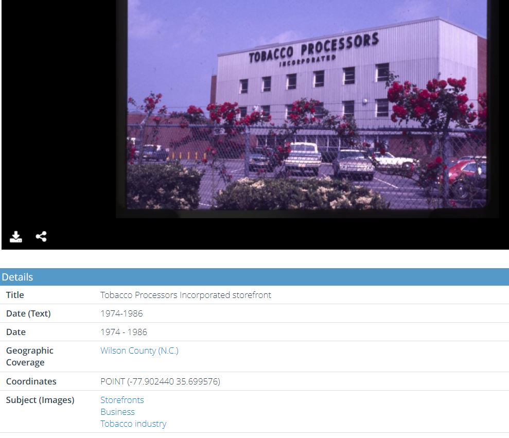 Screenshot of a metadata record for a tobacco warehouse