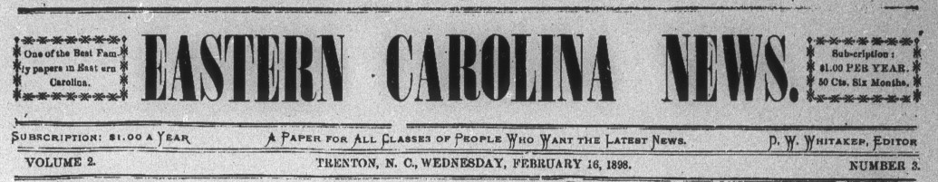 Clipping from the front page of the masthead for Eastern Carolina News.