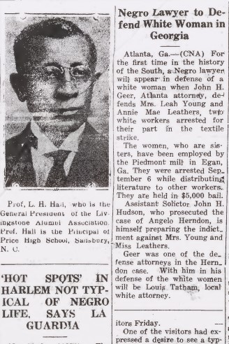 Clipping from the front page of The Charlotte Post. The headlines include "Negro Lawyer to Defend White Woman in Georgia" and "'Hot Spots' In Harlem Not Typical of Negro Life, Says La Guardia". There is also a photo of Professor L.H. Hall.