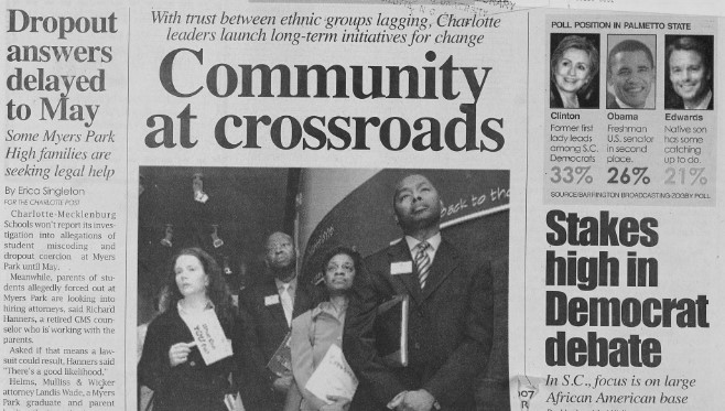 Clipping from the front page of The Charlotte Post. The headline reads "Community at Crossroads" and features a photo of four Johnson C. Smith University officials standing in a row. There is also a poll showing the current lead for Democratic presidential candidate in Palmetto County. Hillary Clinton leads with 33%, followed by Barack Obama with 26%, and John Edwards with 21%. 