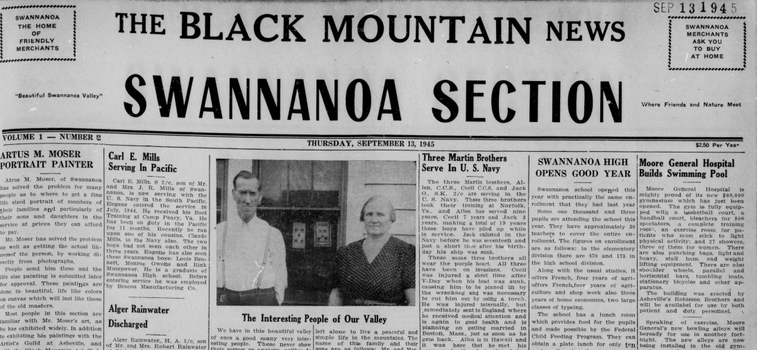 Clipping of the Swannanoa Section of the Black Mountain Newspaper, highlighting how the section took up the entire page.