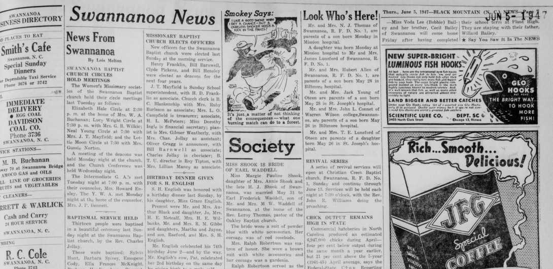 Clipping of the Swannanoa News section from The Black Mountain News, highlighting the small section of space it now occupies, as opposed to when the newspaper began.