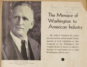 Black and white head shot of John F. Schenck Sr. and article title and header