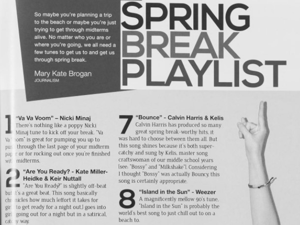 Snippet of the Spring Break Playlist featured in the Edge. The first song is "Va Va Voom" by Nicki Minaj, #2 is "Are You Ready?" by Kate Miller-Heidke & Keir Nuttall, #7 is "Bounce" by Calvin Harris, and #8 is "Island in the Sun" by Weezer.