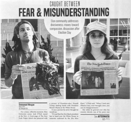 Snippet of a cover story that shows two students, one burning a newpaper announcing Donald Trump as the 45th president of the U.S. and another student with a Make America Great Again hat holding the newspaper. The story is titled "Caught Between Fear & Misunderstanding"