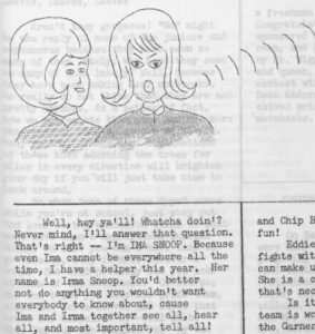 Snippet of a page in Smithfield High Times, highlighting a hand drawn image of two teenage girls talking to each other. The girl on the right is speaking and lines to the right of her indicate someone out of the image is listening in. There is text below the drawing.