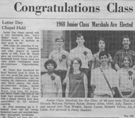 Snippet of Smithfield High Times newspaper. It highlights the updated layout which looks similar to a traditional newspaper. The snippet shows half of an image of the 1968 Junior Class Marshals and part of the text of the accompanying article.
