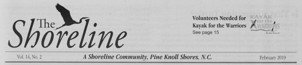 Masthead for The Shoreline. On the left is the text "The Shoreline" and a black shadow of an Ibis-type bird flying over "shoreline". The right side of the clipping states "Volunteers needed for kayak for the warriors".
