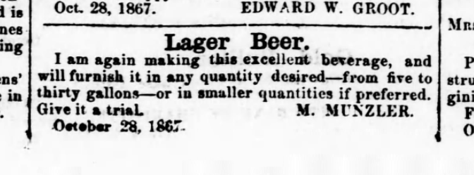 1867 ad for Menzler Brewery