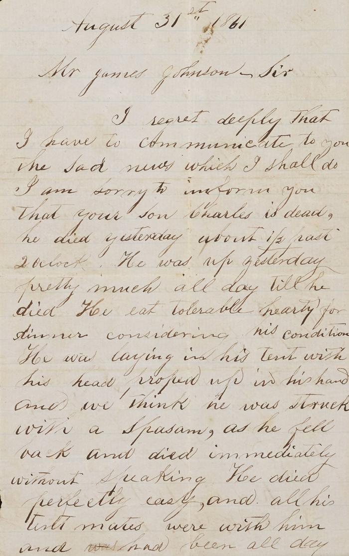 Letter to James Johnson Regarding the Death of His Son Charles, 1861