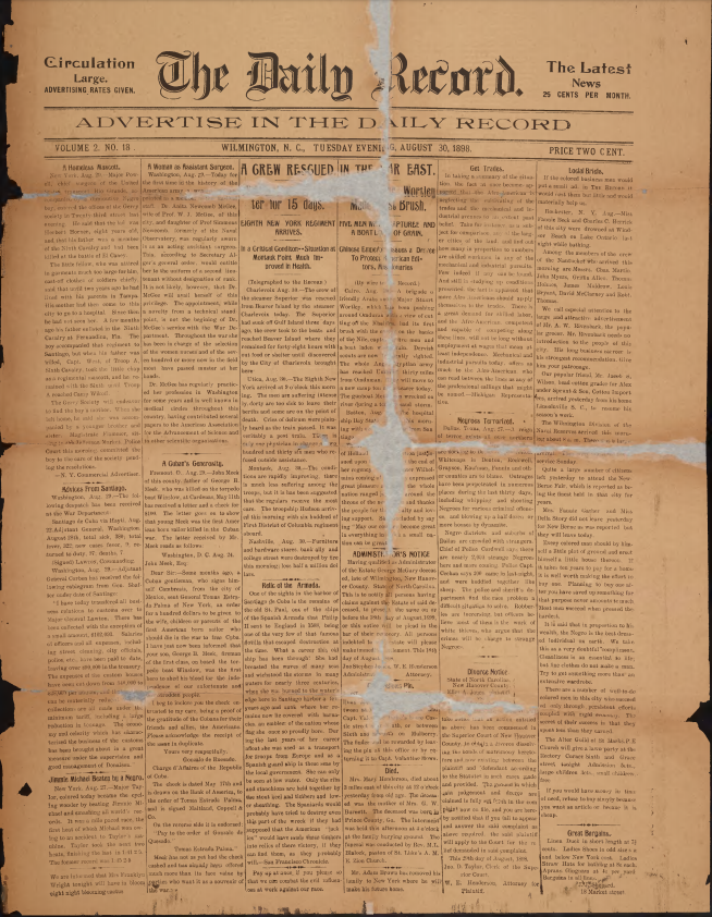 Front page of the Wilmington Daily Record, August 30, 1898