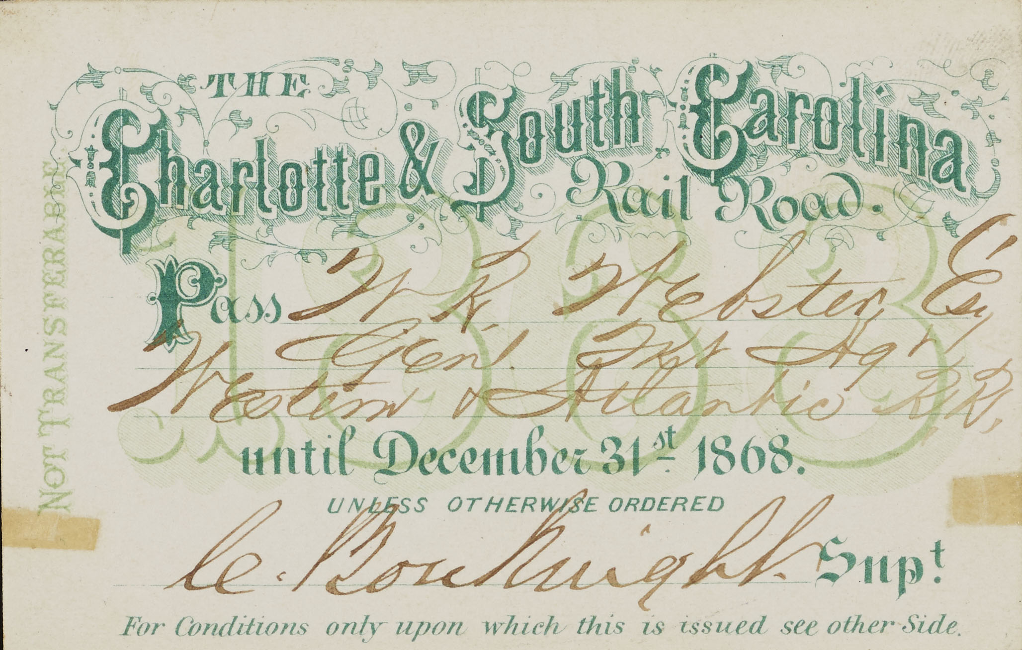 Charlotte and South Carolina Railroad pass